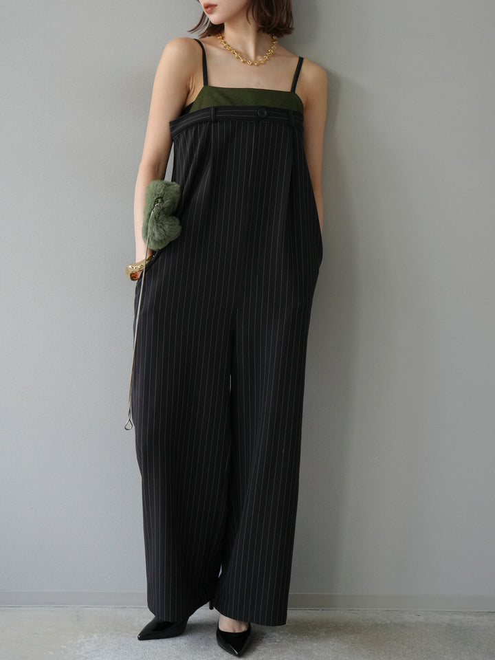 [予約]サテン切替ピンストライプサロペット/ブラック