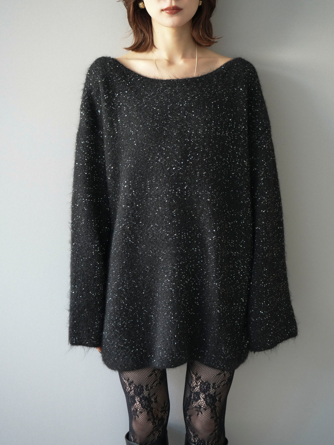 [予約]スパンコールミニシャギーニットチュニック/black