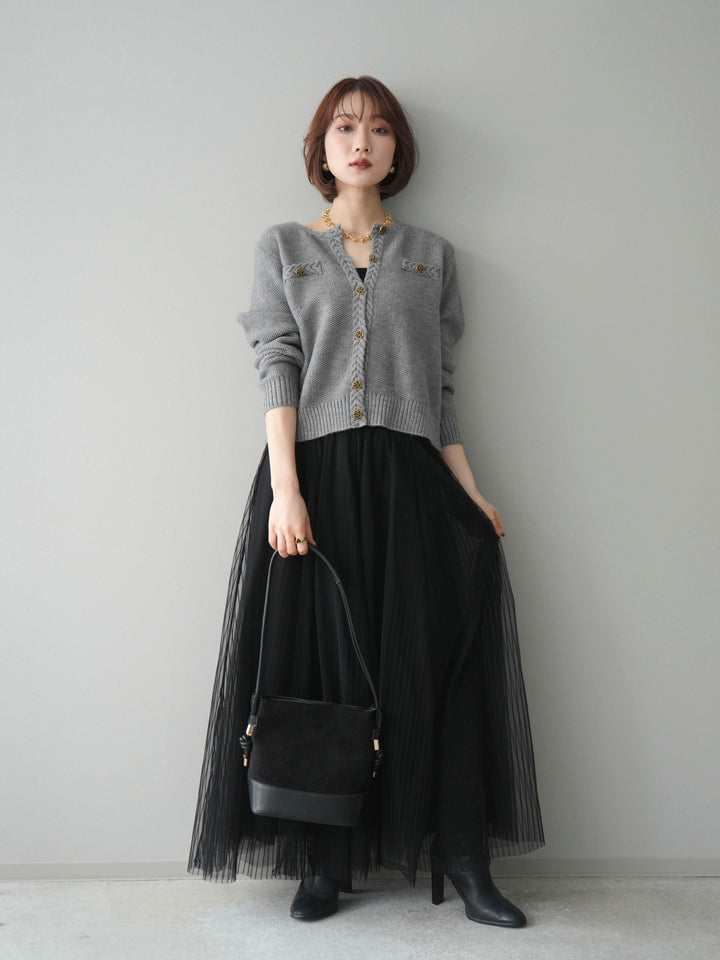 [SET]編みこみアンティークボタンニットカーディガン+チュールストライプボリュームスカート(2set)