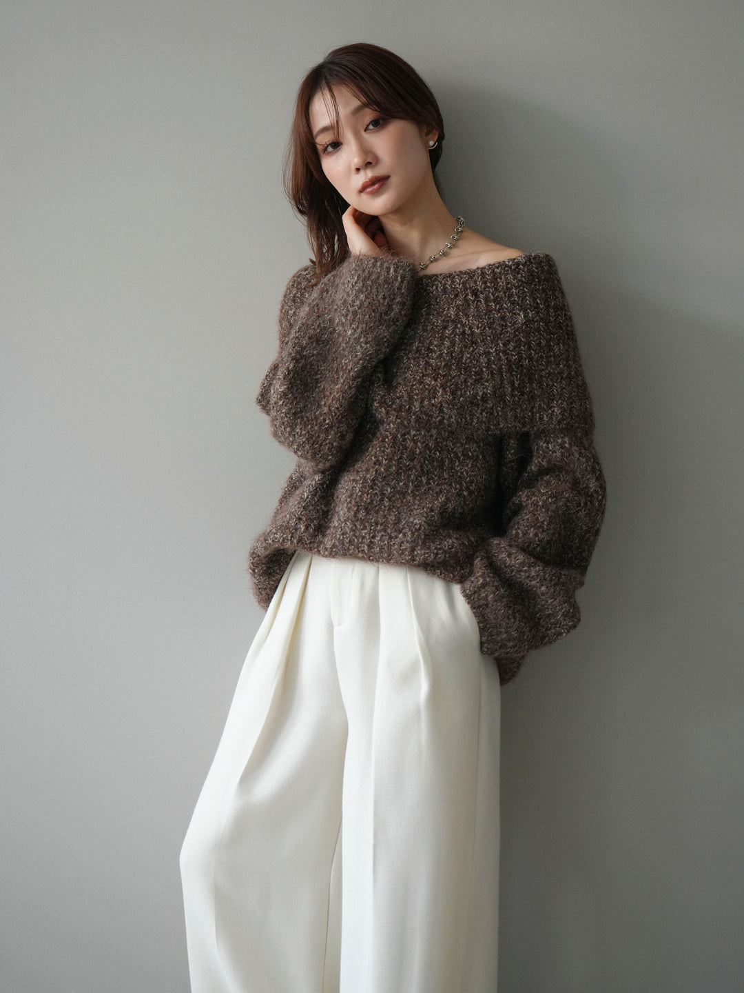 [予約]オフショルミックスニットプルオーバー/brown
