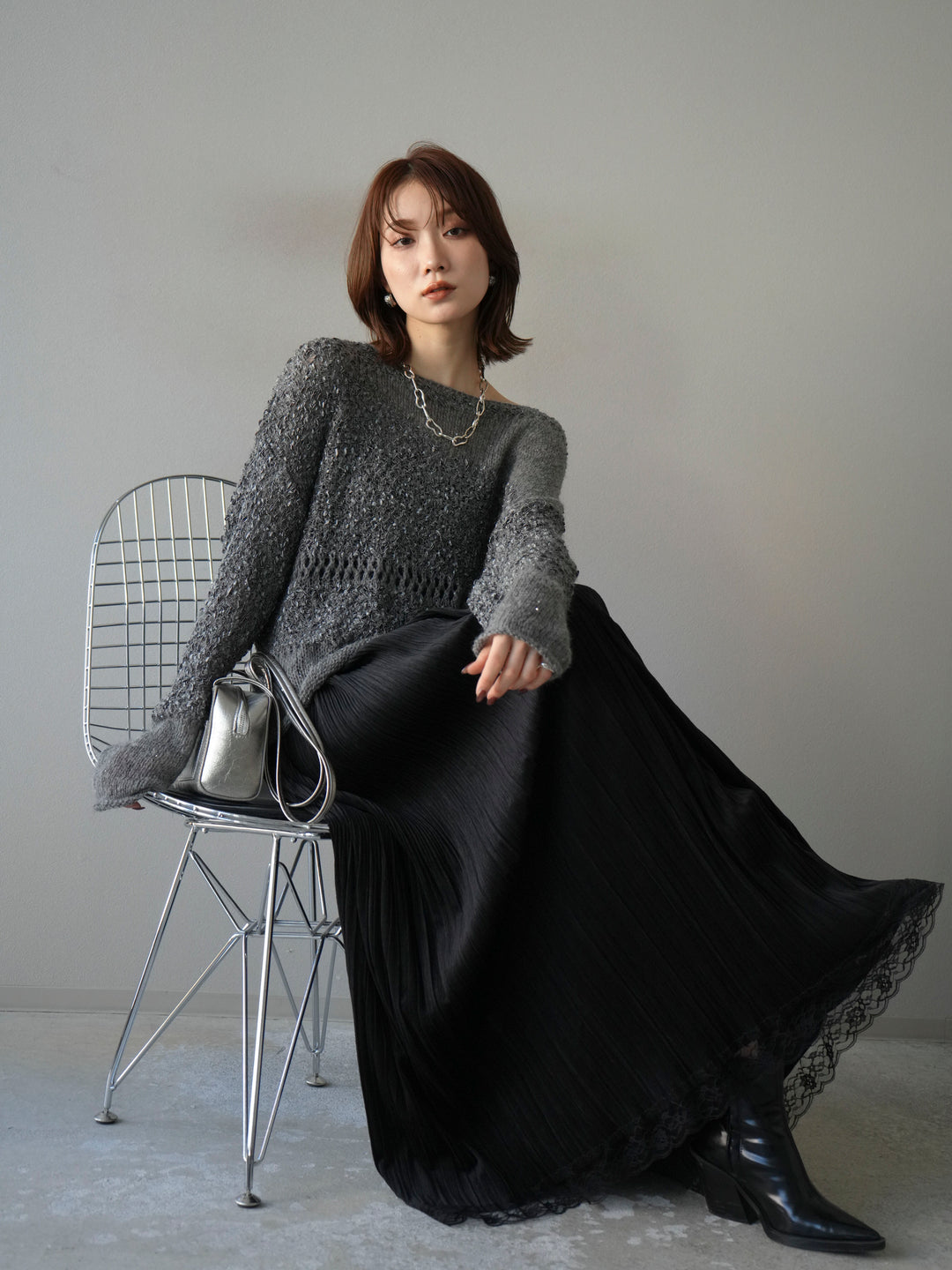 [予約]ミックスヤーンデザイン編みメッシュニットプルオーバー/グレー