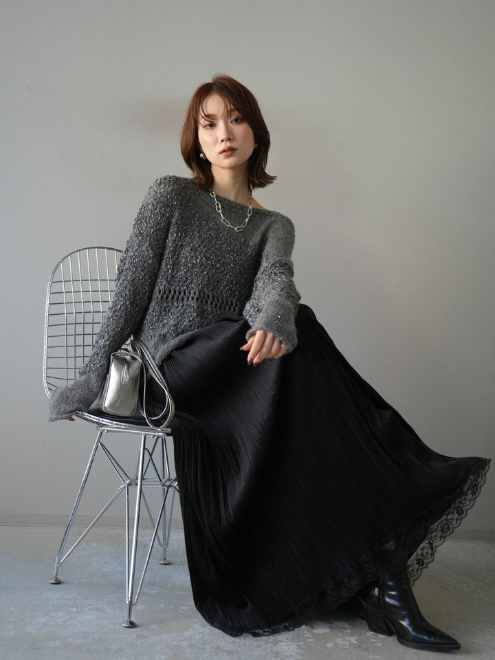 [予約]ミックスヤーンデザイン編みメッシュニットプルオーバー/グレー