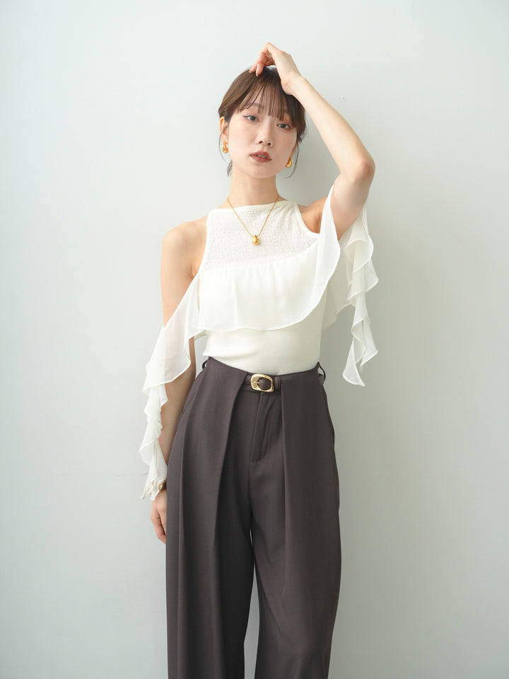 [SET]シフォンフリルドッキングノースリニットトップス+シフォンフリルドッキングノースリニットトップス(2set)