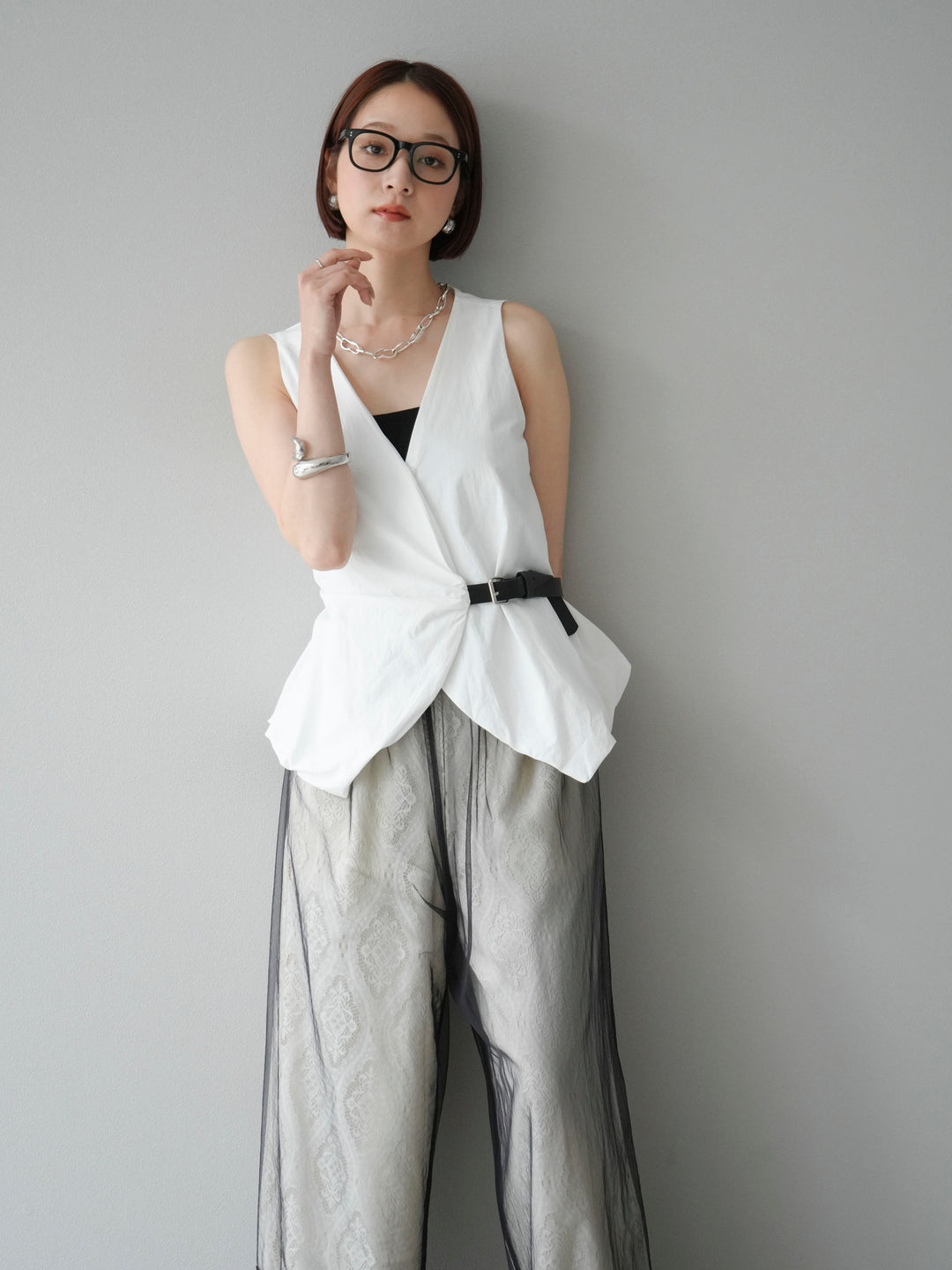 [SET]ベルトデザインバルーンブラウス+レースタックイージーパンツ+コード刺繍チュールレイヤードパンツ(3set)