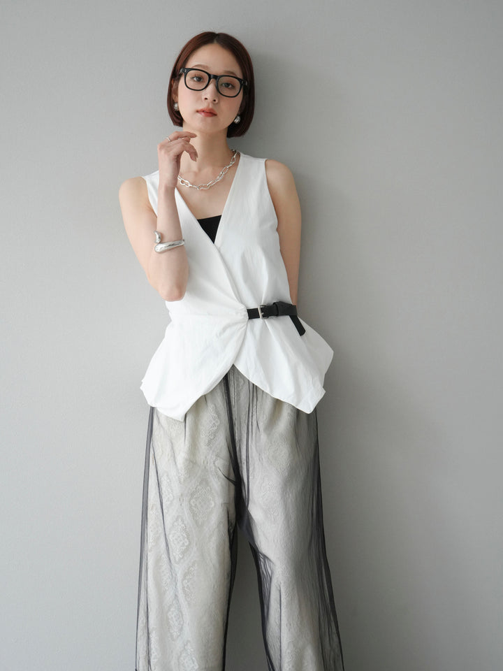 [SET]ベルトデザインバルーンブラウス+レースタックイージーパンツ+コード刺繍チュールレイヤードパンツ(3set)