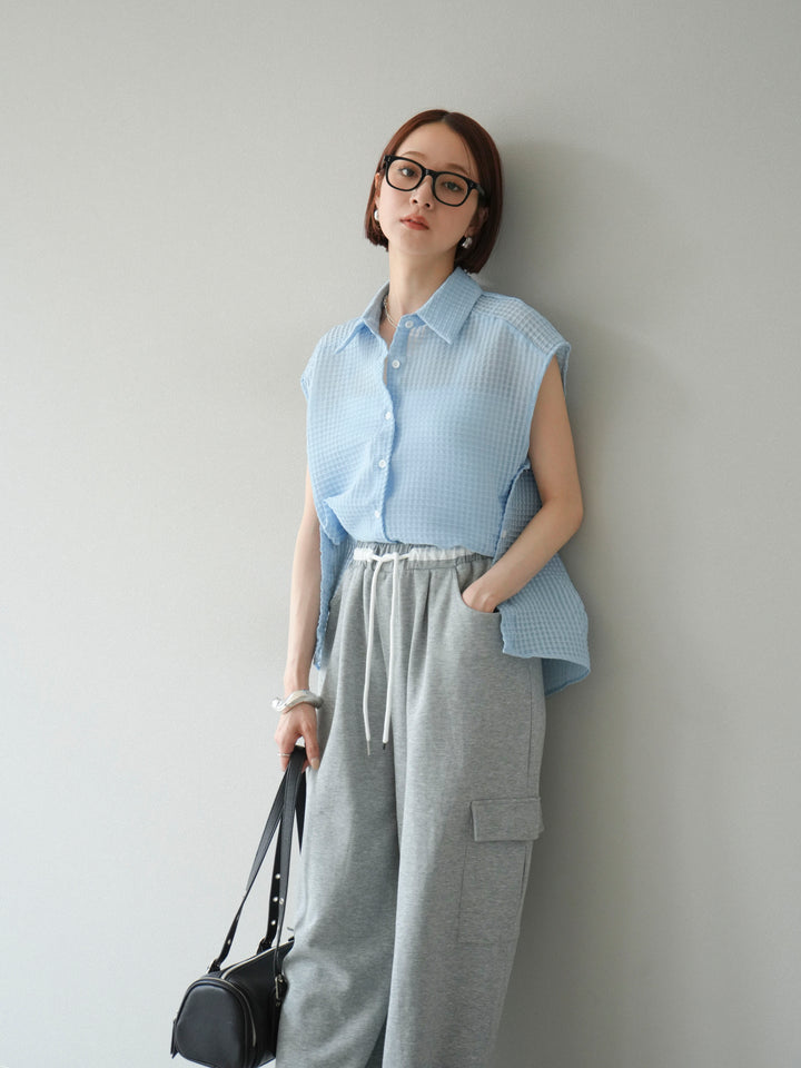 [SET]シアーチェックノースリーブシャツ+ウエストラインサイドポケットスウェットパンツ(2set)