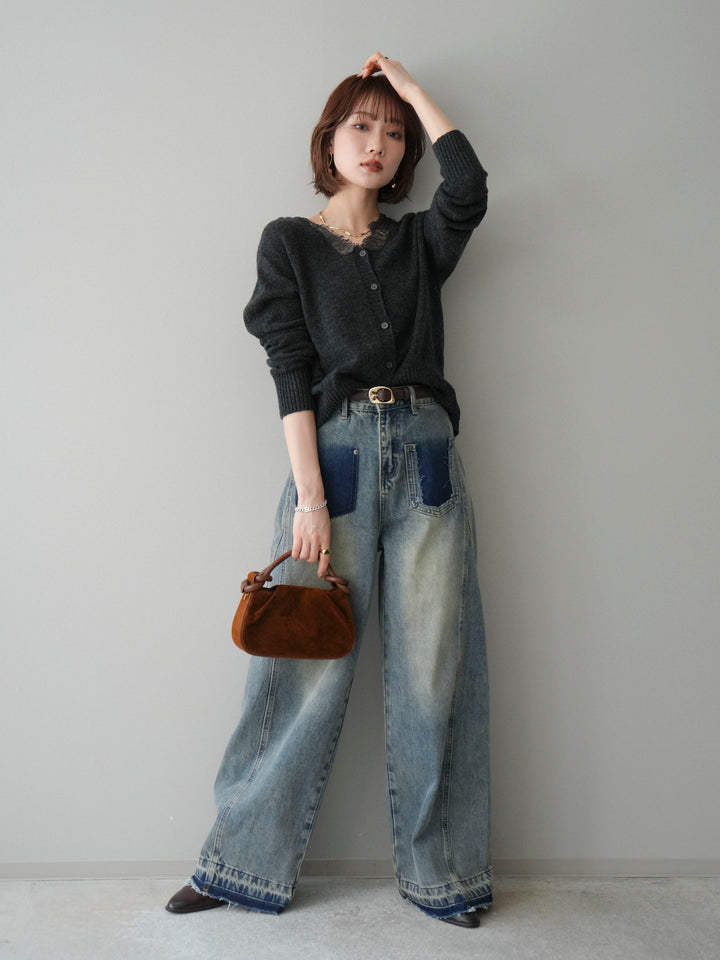 [SET]レースネックニットカーディガン+染めデザインポケットデニムパンツ(2set)