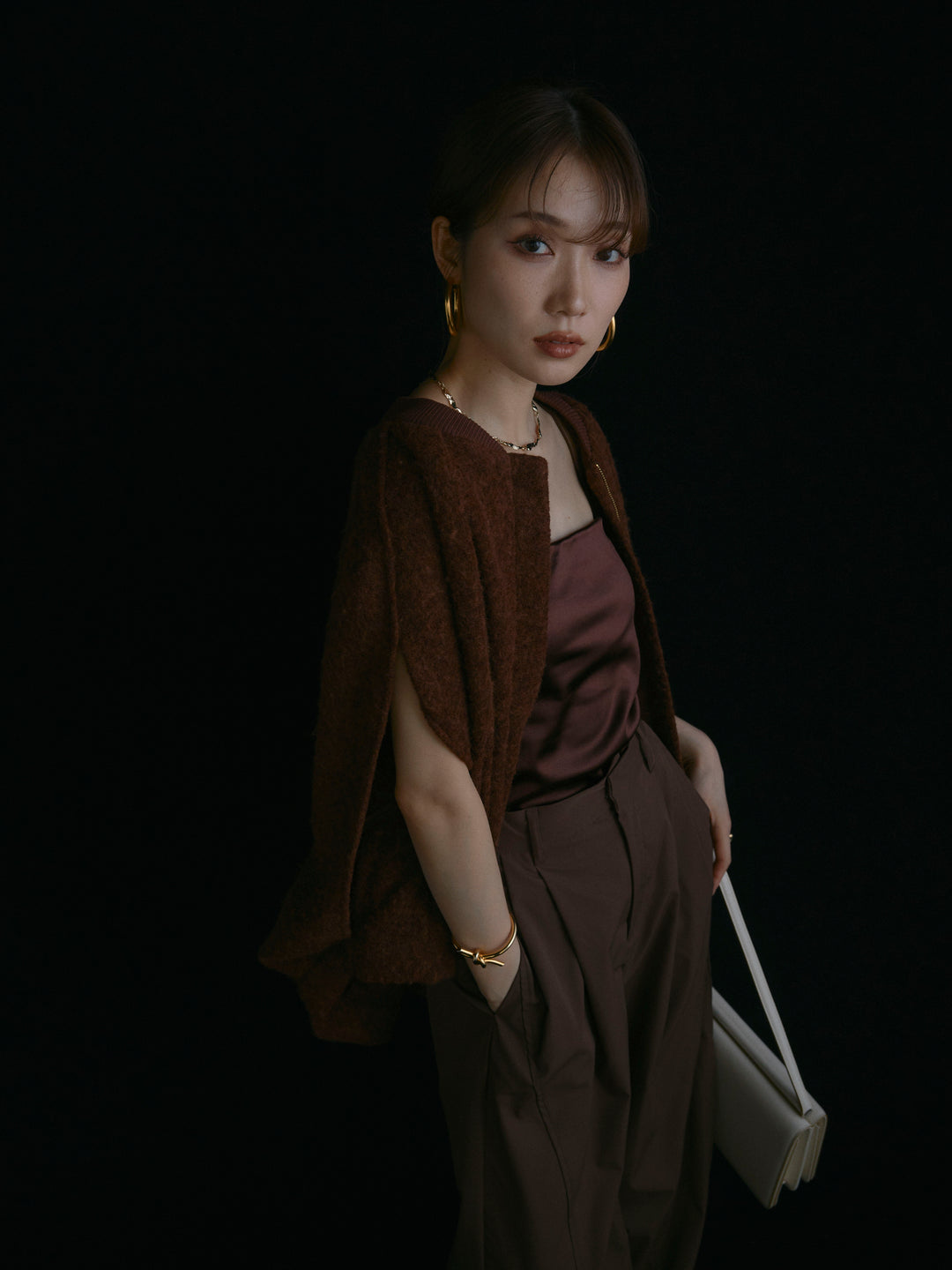 【Allure】[SET]ウール混コクーンブルゾン+タフタワイドカーブパンツ(2set)