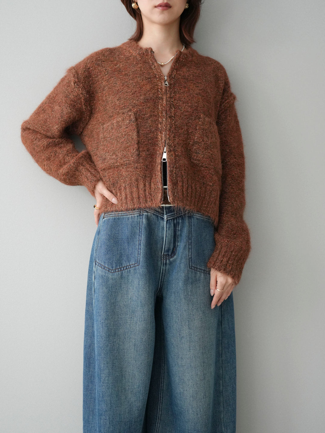 [SET]ミックスヤーンダブルZIPニットカーディガン+ベルト付裏起毛カーブデニムパンツ(2set)