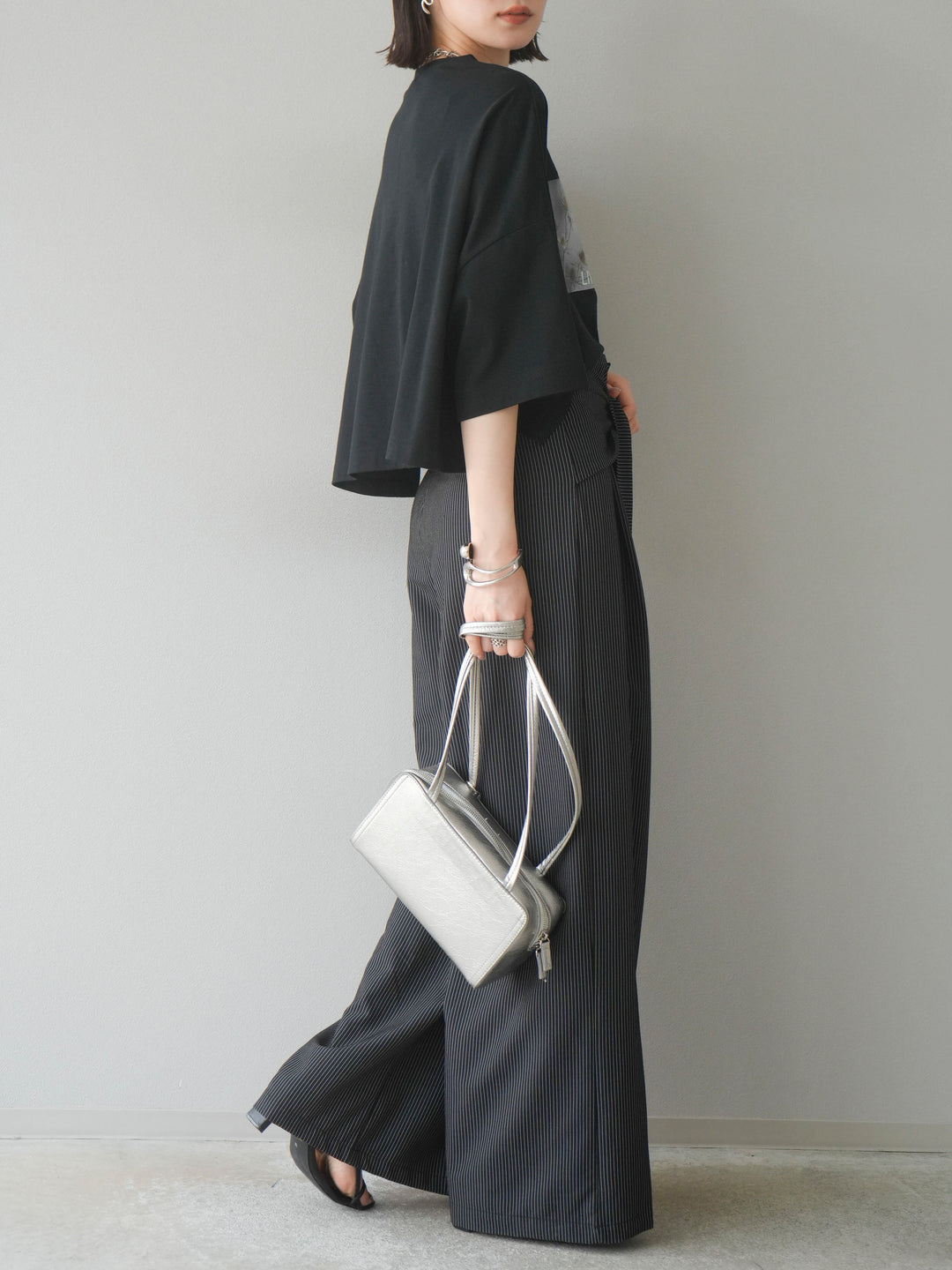 【預購】條紋裹腰闊腿褲/黑色