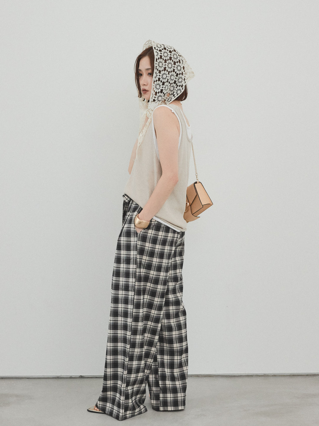 【SET】雙色疊穿針織背心+格紋寬褲（2套）