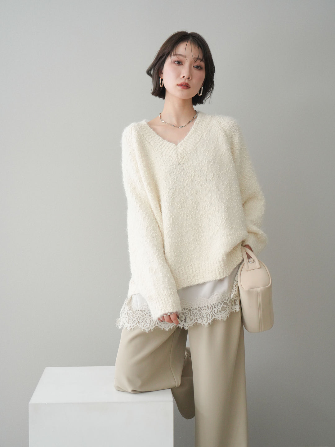 [SET]Vネックスラブニットプルオーバー+選べるアクセセット(2set)