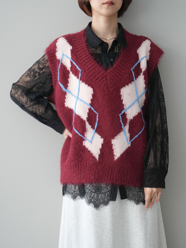 [SET]アーガイルVネックニットベスト+選べるアクセセット(2set)