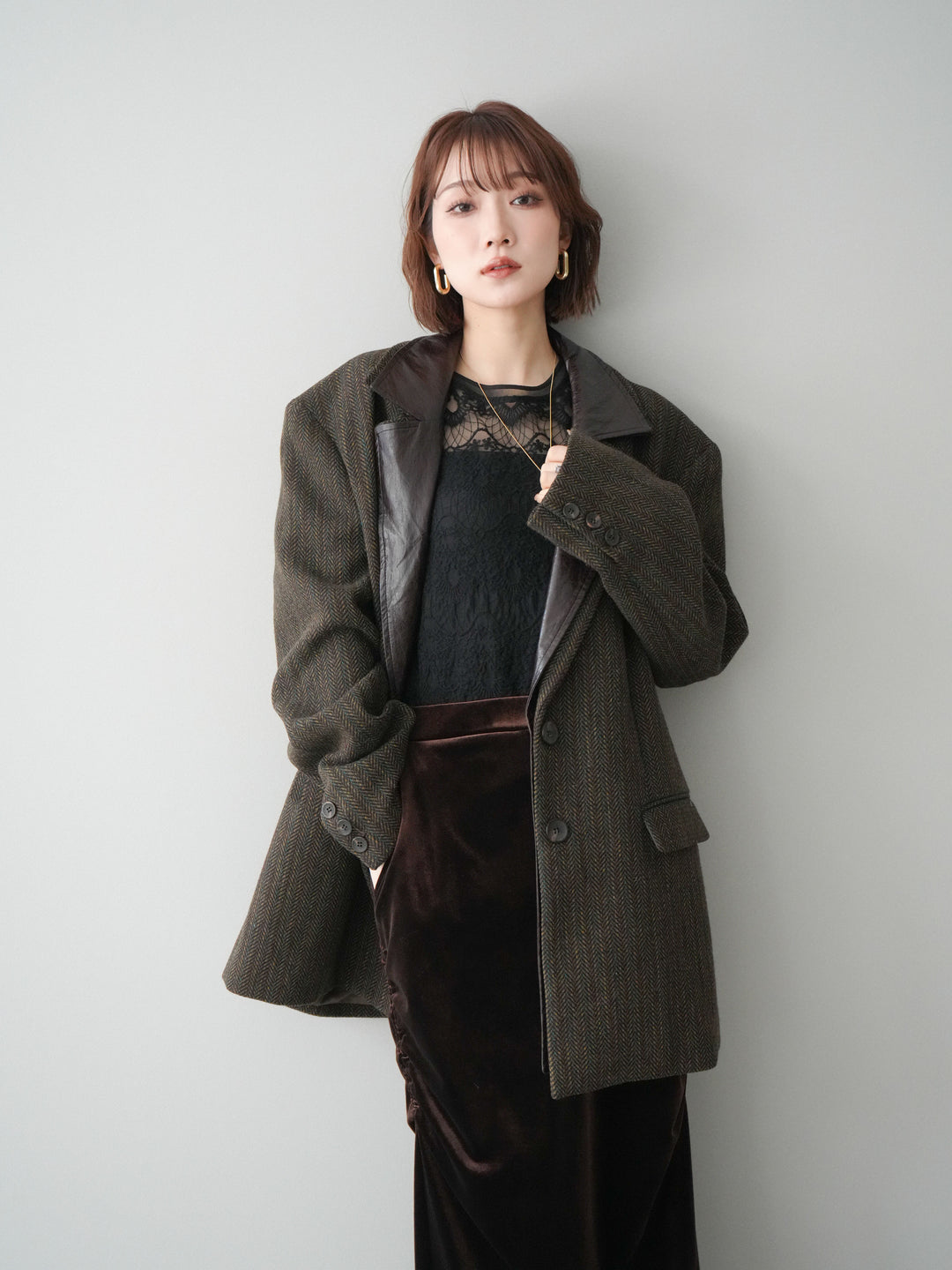 [SET]レイヤードデザインツイードテーラードジャケット+チュールレーストップス+ギャザーベロアスカート(3set)