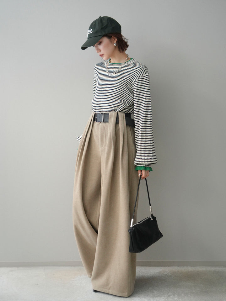 [SET]ラメ異素材ボーダーリブニットプルオーバー+ベルトデザインループコールテンワイドパンツ(ベルト付き)(2set)