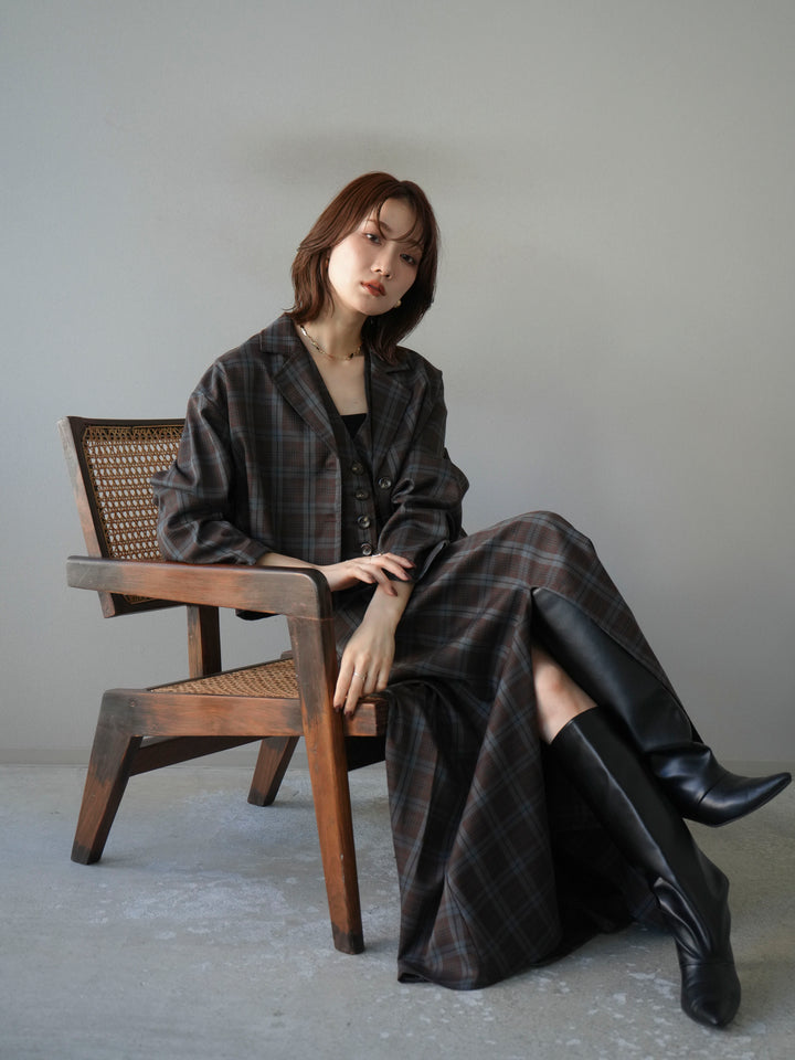 [SET]チェック柄ショートジャケット+チェック柄ベスト+チェック柄タックフレアスカート(3set)