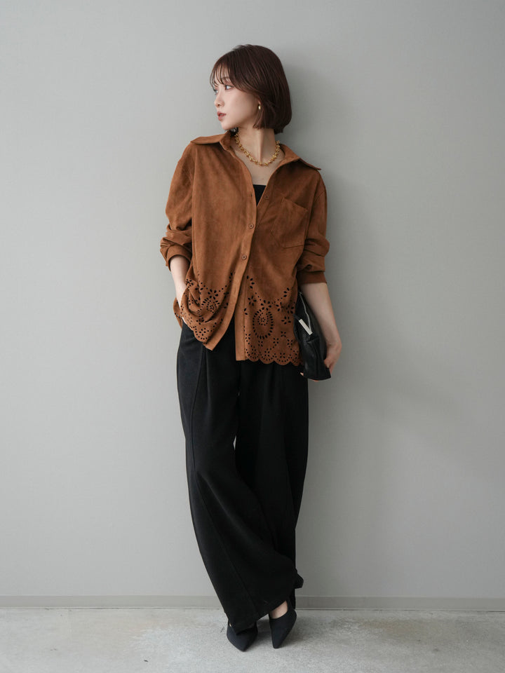 [SET]裾スカラップスエードシャツ+ベルト付起毛コクーンパンツ(2set)