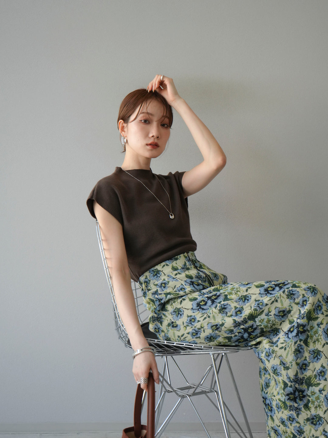 [SET]プチネックフレンチニットトップス+ゴブランフロントジップタイトスカート(2set)