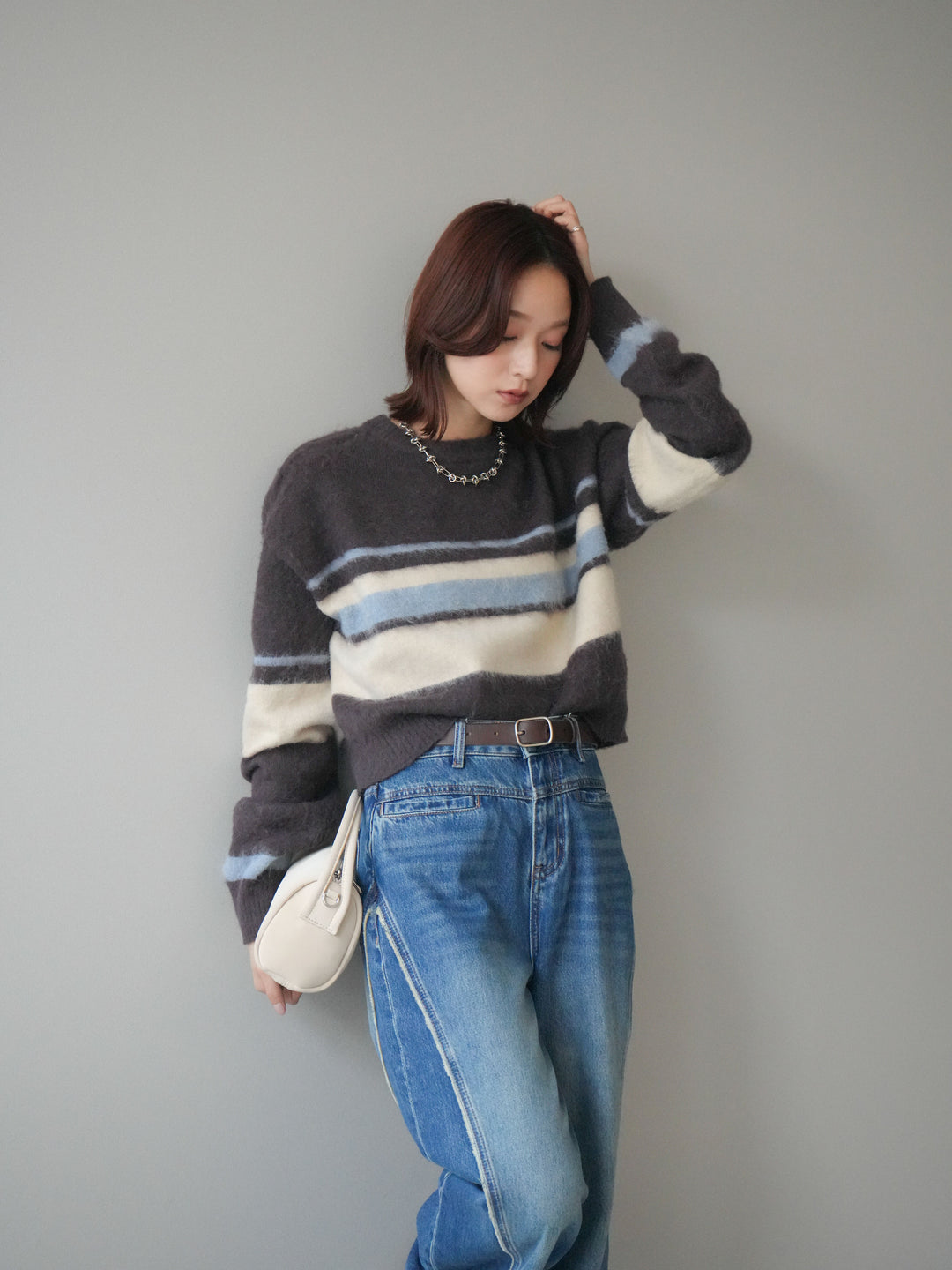 [SET]ソフトタッチボーダークロップドニットプルオーバー+サイドフリンジワイドデニムパンツ(2set)