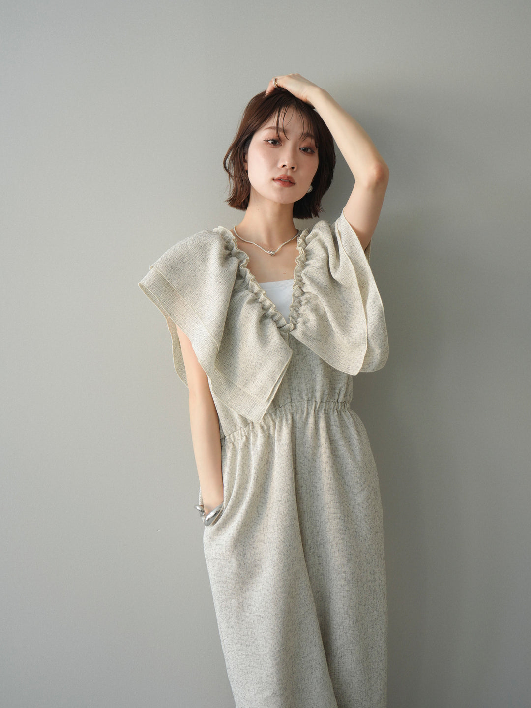 [SET]3WAYミックスツイードギャザーオールインワン+選べるアクセセット(2set)