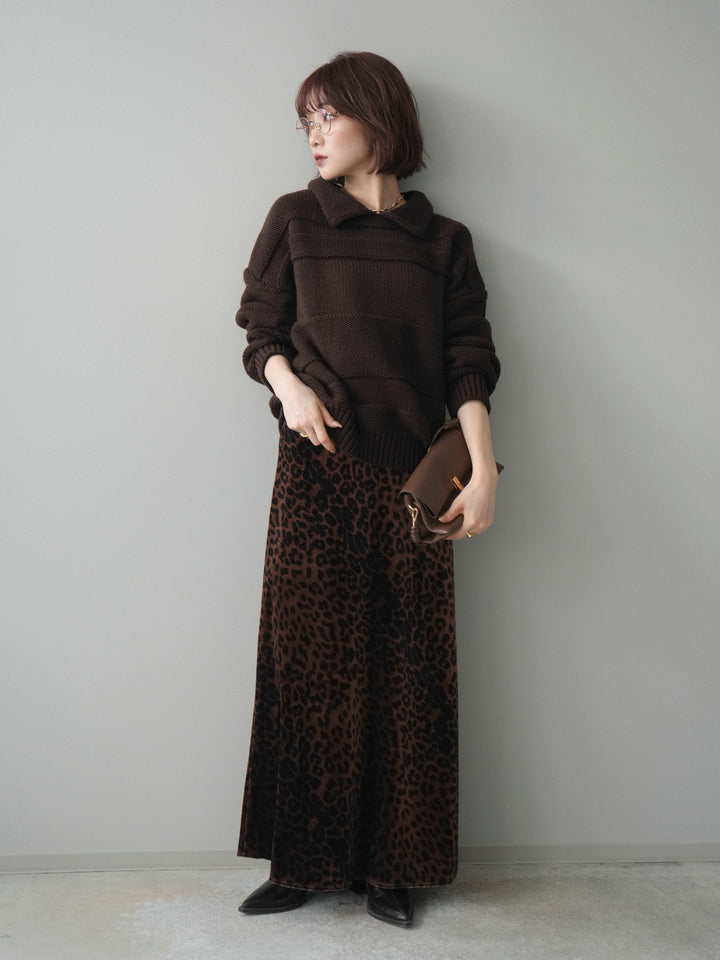 [SET]襟付きボーダー編みニットプルオーバー+レオパードベロアナロースカート(2set)