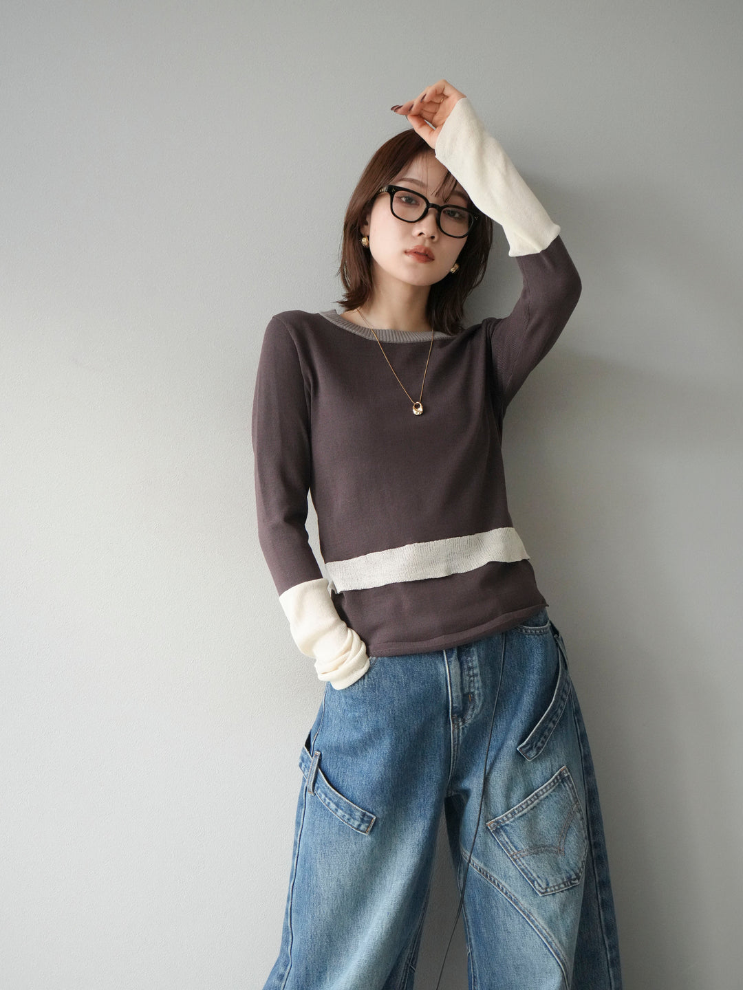 [予約]異素材配色デザインニットトップス/ブラウン