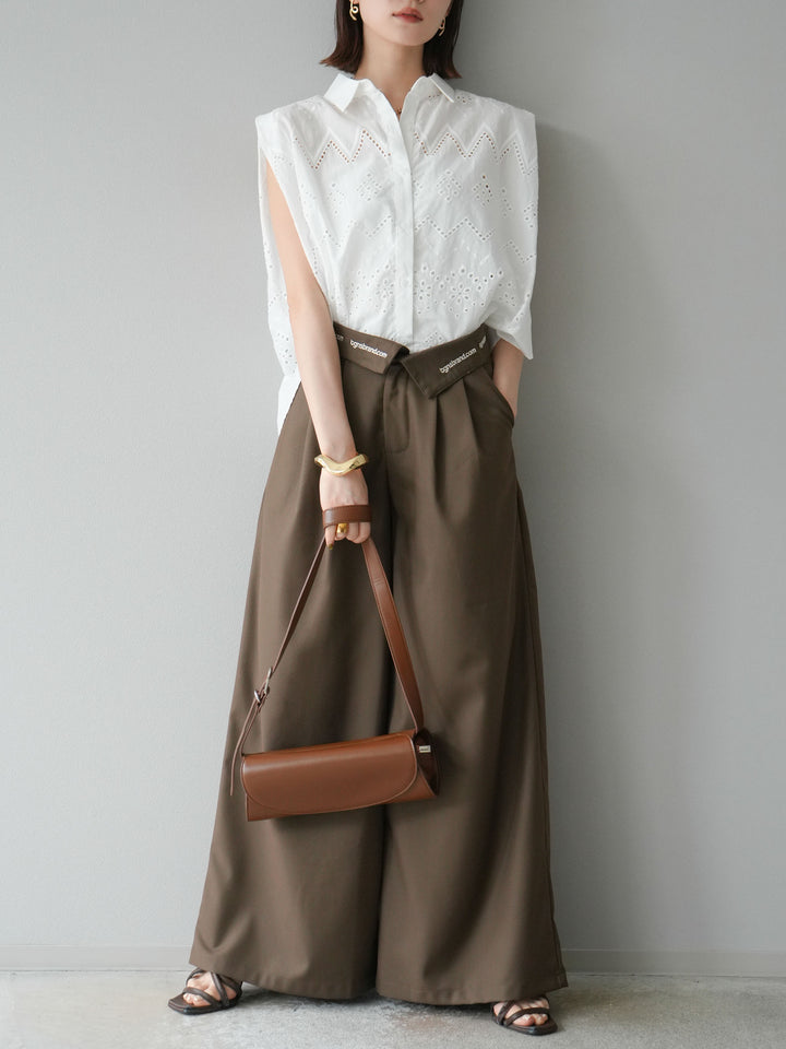 【預購】寬褲，捲腰，附logo褶/褐色