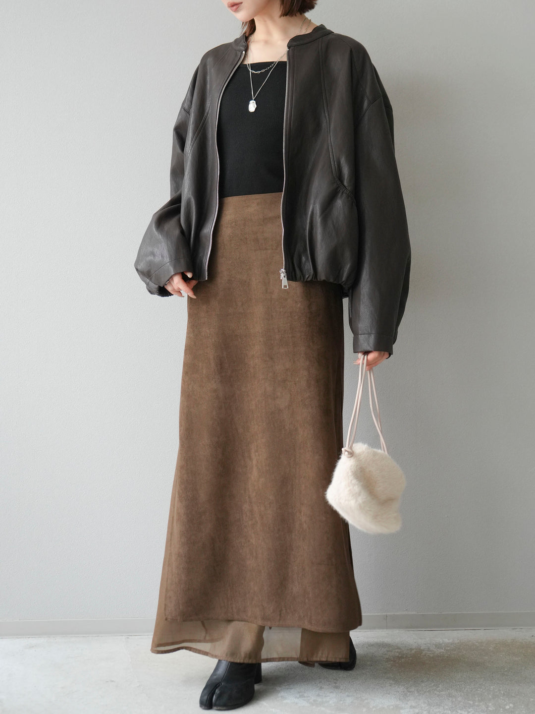 [予約]サイドスリットスウェードドッキングシフォンスカート/ブラウン