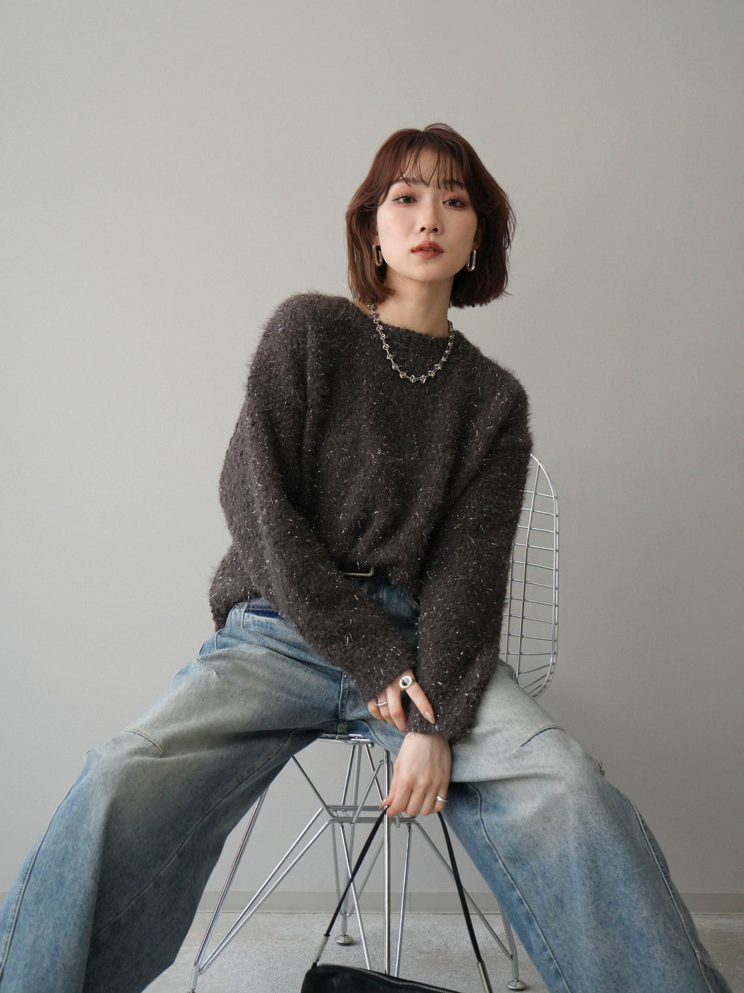 [予約]モールラメミックスヤーンニットプルオーバー/brown