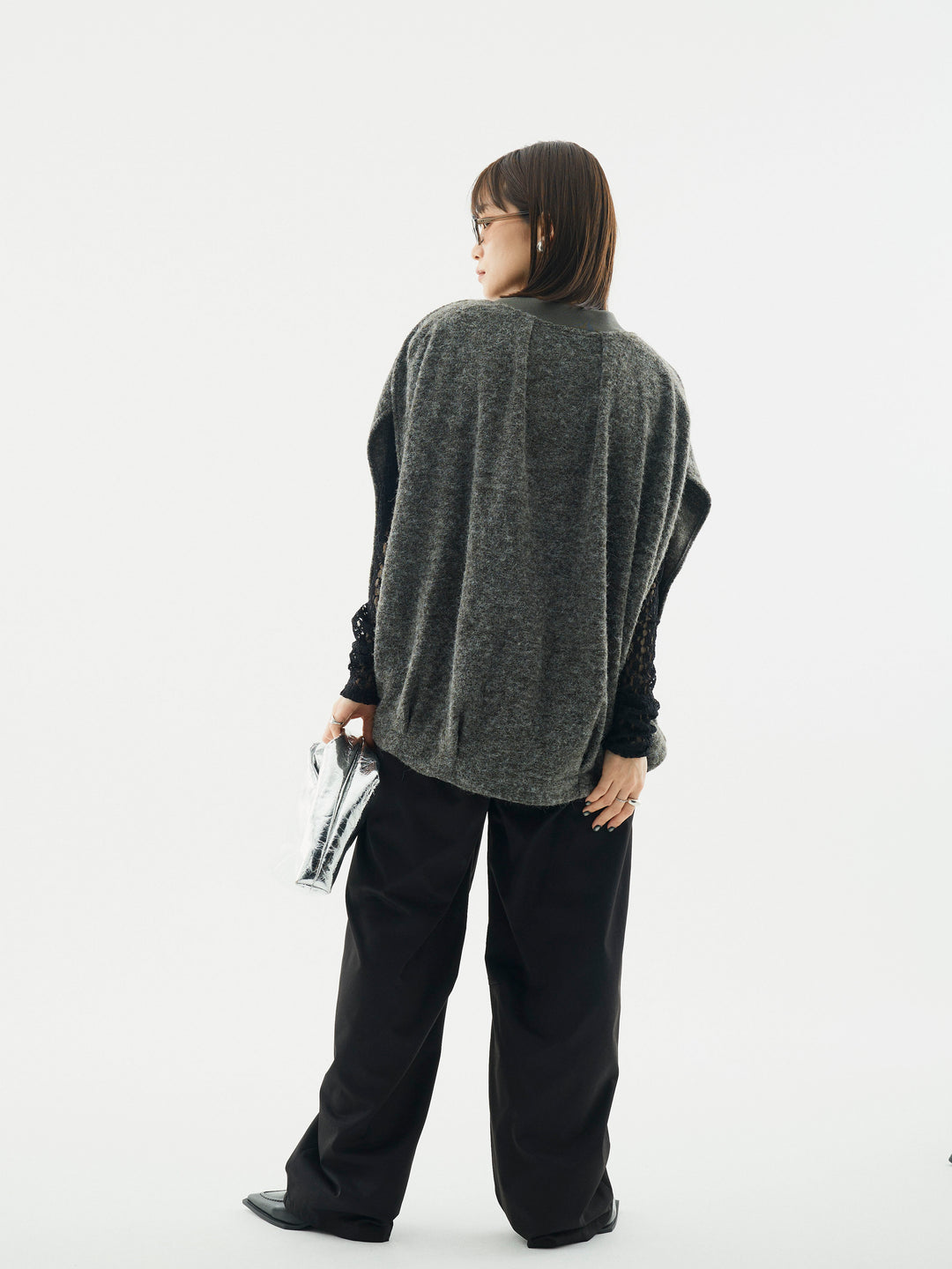 【Allure】[SET]ウール混コクーンブルゾン+タフタワイドカーブパンツ+バックラウンドレーストップス(3set)