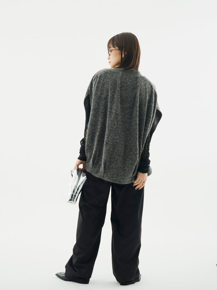 【Allure】[SET]ウール混コクーンブルゾン+タフタワイドカーブパンツ+バックラウンドレーストップス(3set)