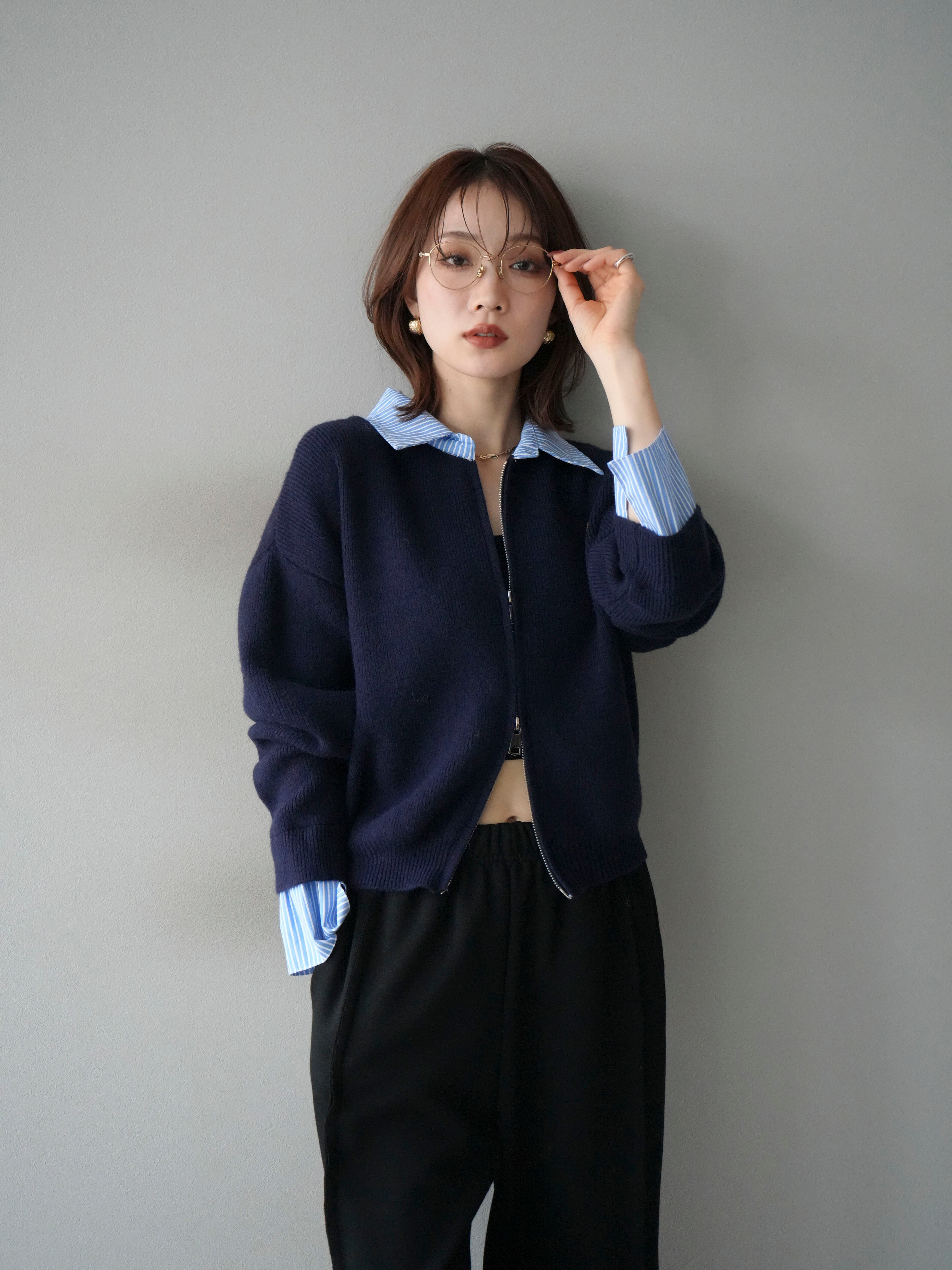 予約]ストライプシャツレイヤードZIPニットカーディガン/navy – Lumier