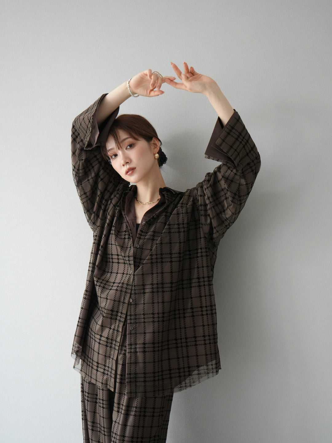 [予約]チェック柄チュールシャツアンサンブル/ブラウン