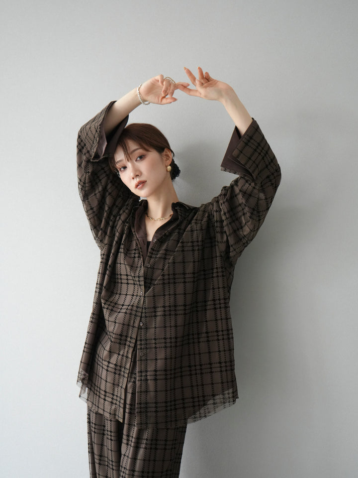[予約]チェック柄チュールシャツアンサンブル/ブラウン
