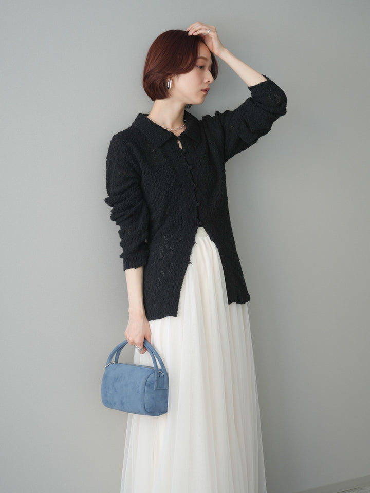 [予約]透かし編みブークレポロニットトップス/black