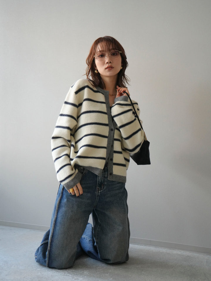 [予約]配色ボーダーニットカーディガン/apricot