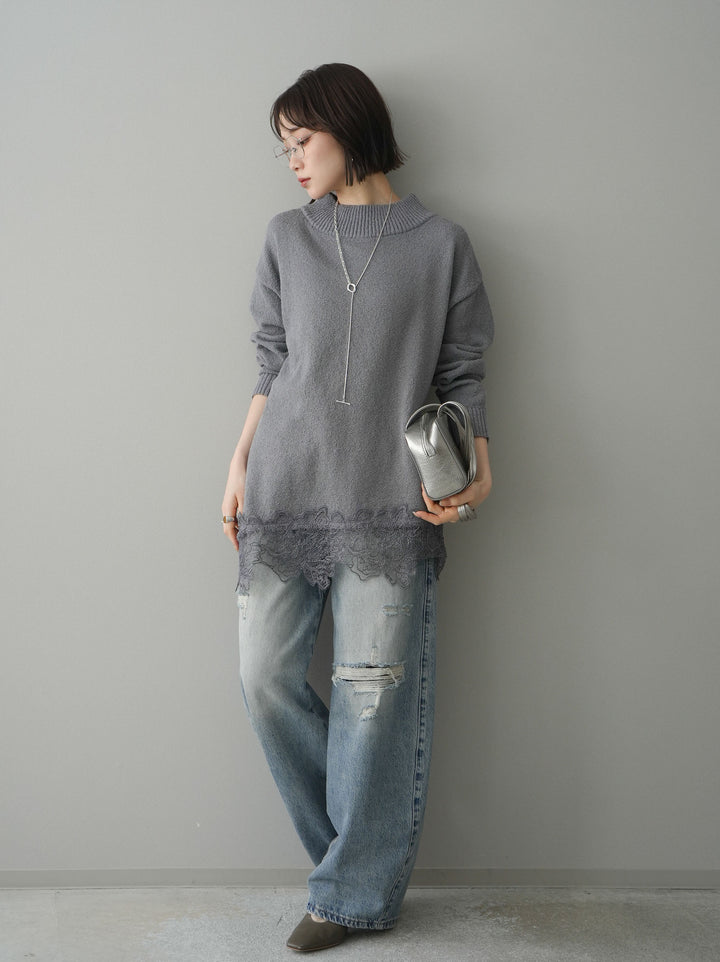 [SET]アシンメトリーレースヘムニットプルオーバー+ダメージデニムセミワイドパンツ(2set)