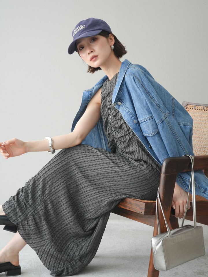 [SET]シャーリングジャガードノースリーブワンピース+ルーズシルエットデニムジャケット(2set)
