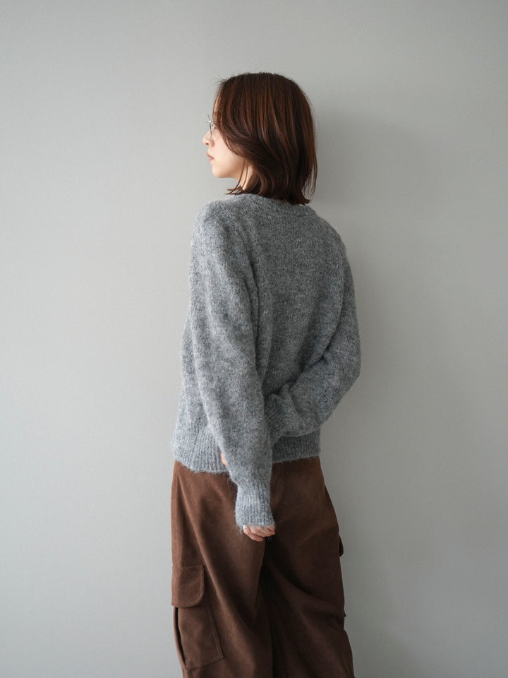 [予約]ブローチ付silverボタンミックスニットカーディガン/gray