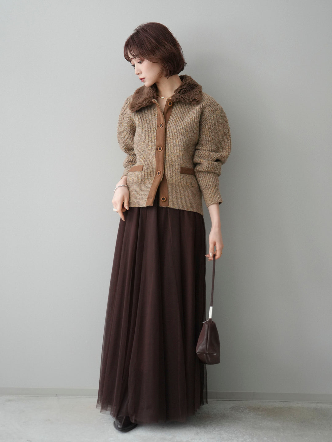 [SET]襟ボアミックスヤーンニットカーディガン+チュールボリュームスカート(2set)