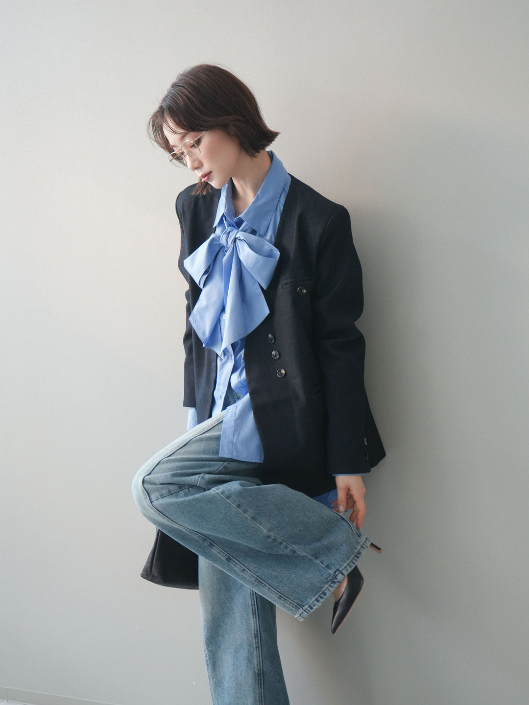 [SET]ノーカラージャケット+ガーメントウォッシュカーブデニムパンツ(2set)