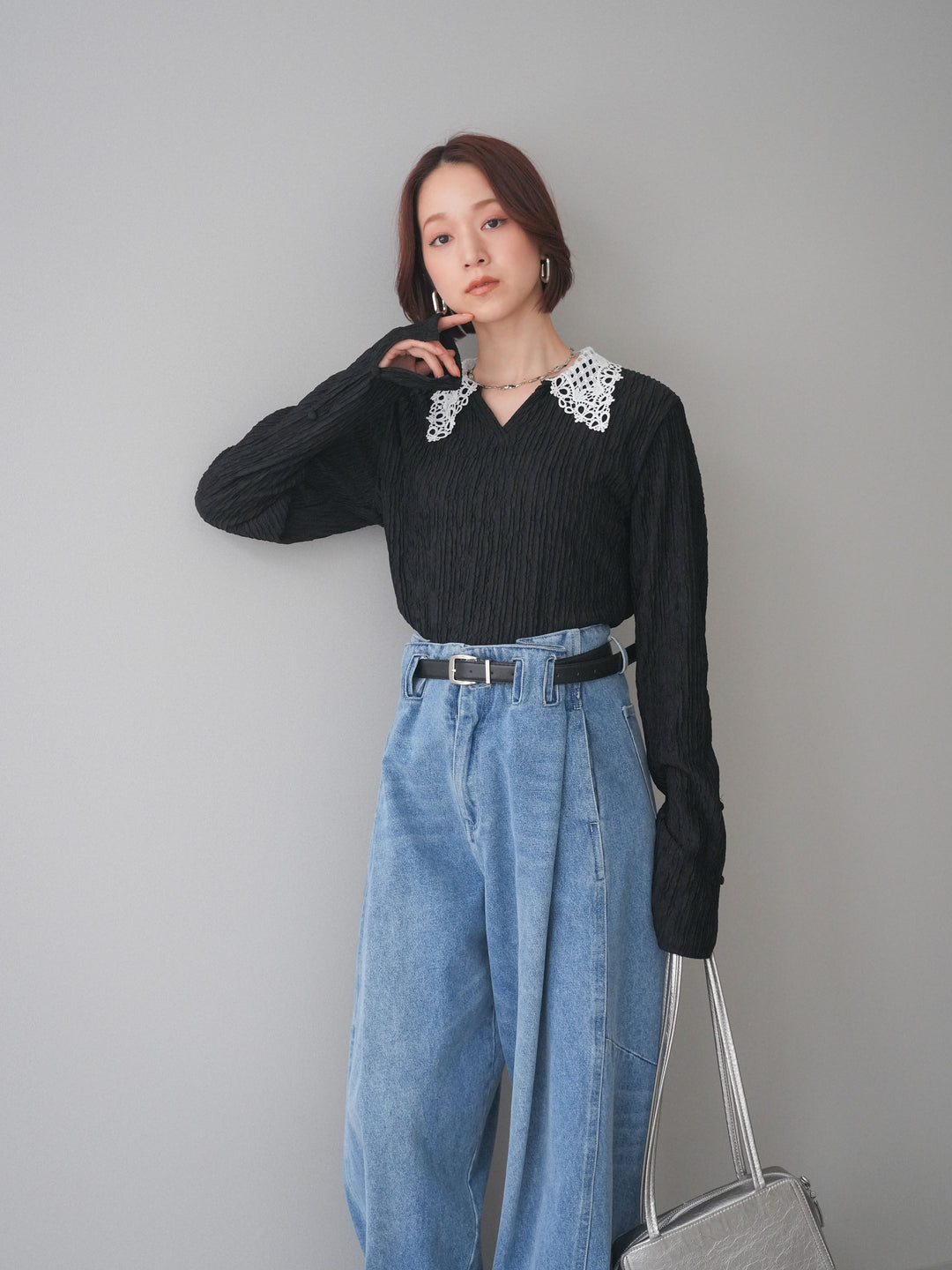 [SET]袖スリットレースカラートップス+ハイウエストベルトループデザインデニムパンツ(2set)