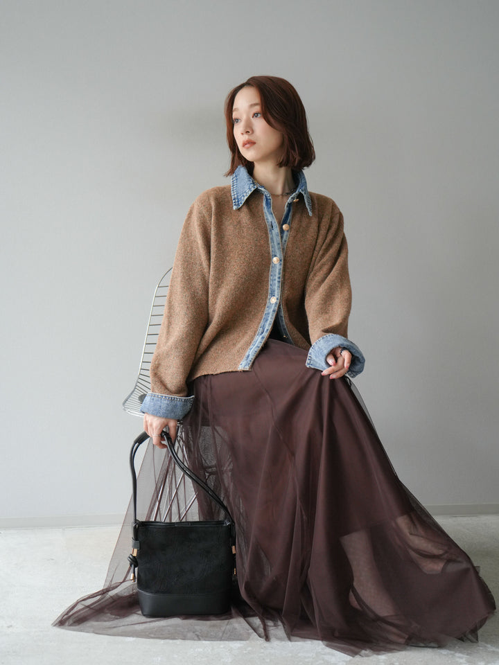 [SET]デニム襟ボタンニットカーディガン+チュールボリュームスカート(2set)