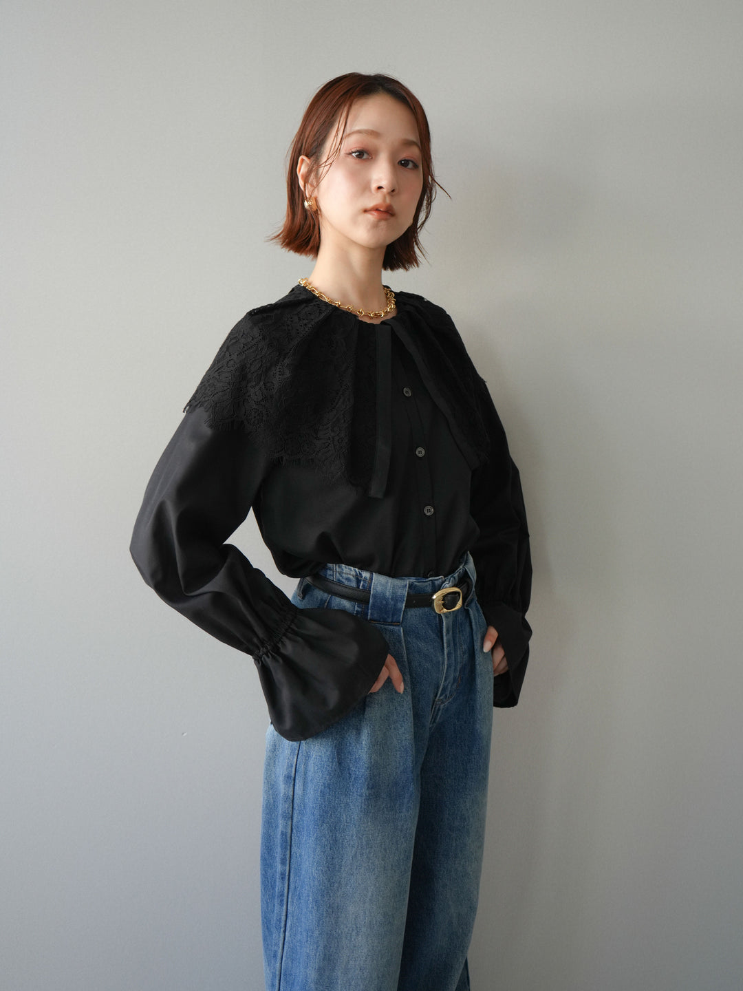 [予約]ビッグレースカラーブラウス/black