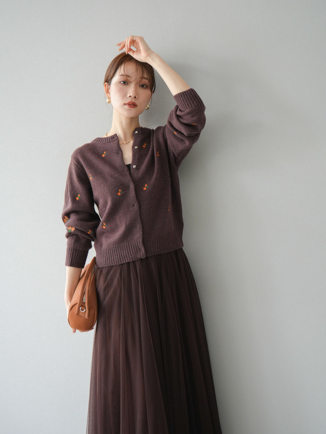 [SET]フラワー刺繍ニットカーディガン+チュールボリュームスカート(2set)