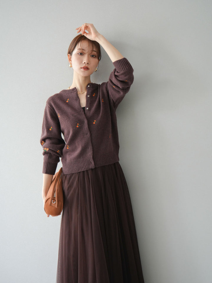 [SET]フラワー刺繍ニットカーディガン+チュールボリュームスカート(2set)