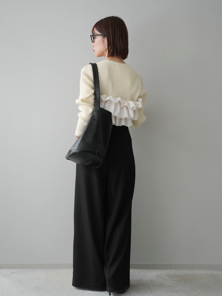 [SET]フリルビスチェドッキングスポンジニットプルオーバー+ベルトループデザインワイドパンツ(2set)