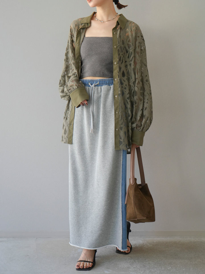 [SET]コードレースオーバーシャツ+デニムドッキングスウェットスカート(2set)