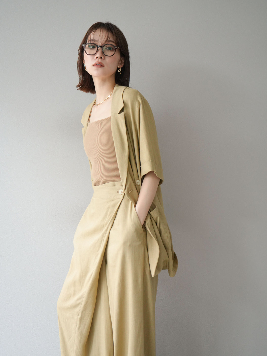 [予約]ライトリネンハーフスリーブジャケット/ベージュ