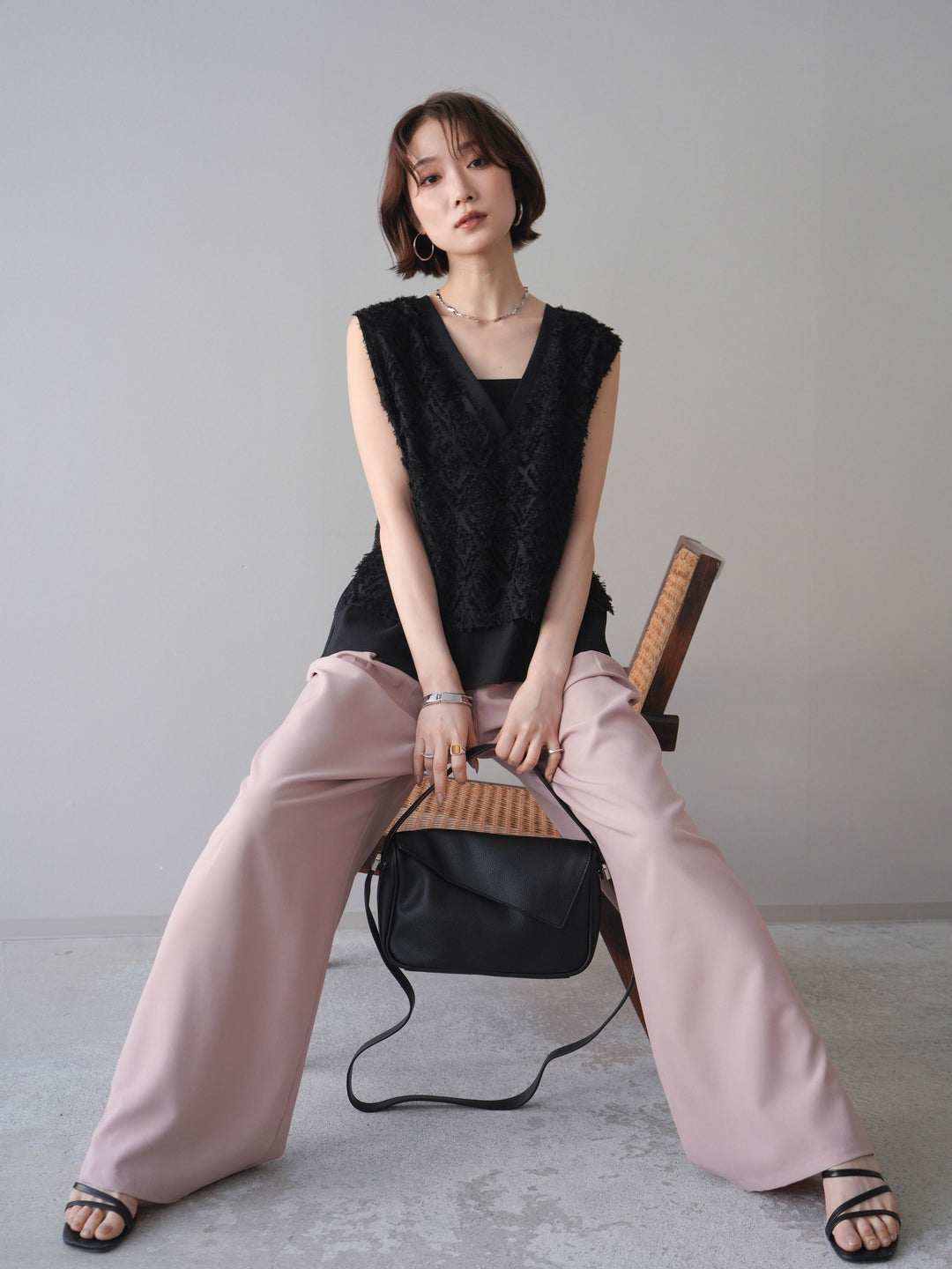 [SET]フリンジレイヤードVネックノースリーブ+選べるアクセセット(2set)